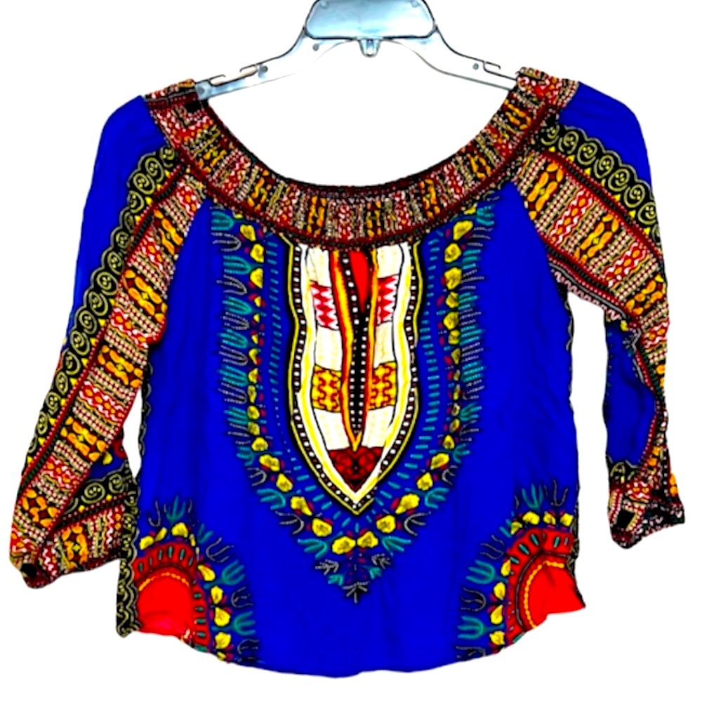 🌞 Dashiki tribal boho hippie raglan scoop top blue red marigold women size L